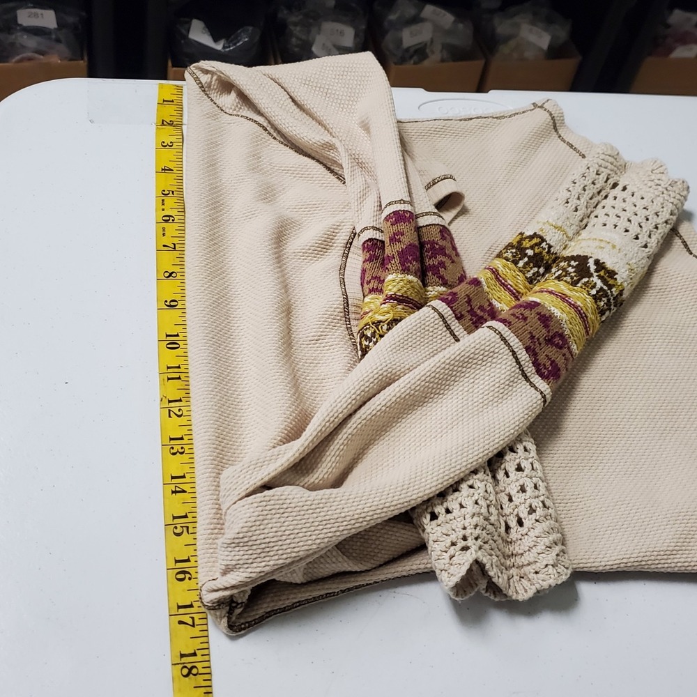 Chelsea & Theodore Boho Thermal Shirt Size XS Contrast Cuff Granola Hippie Tan - Picture 8 of 11